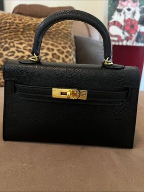 Structured Black Vegan Leather Mini Top-Handle Bag with Gold Accent